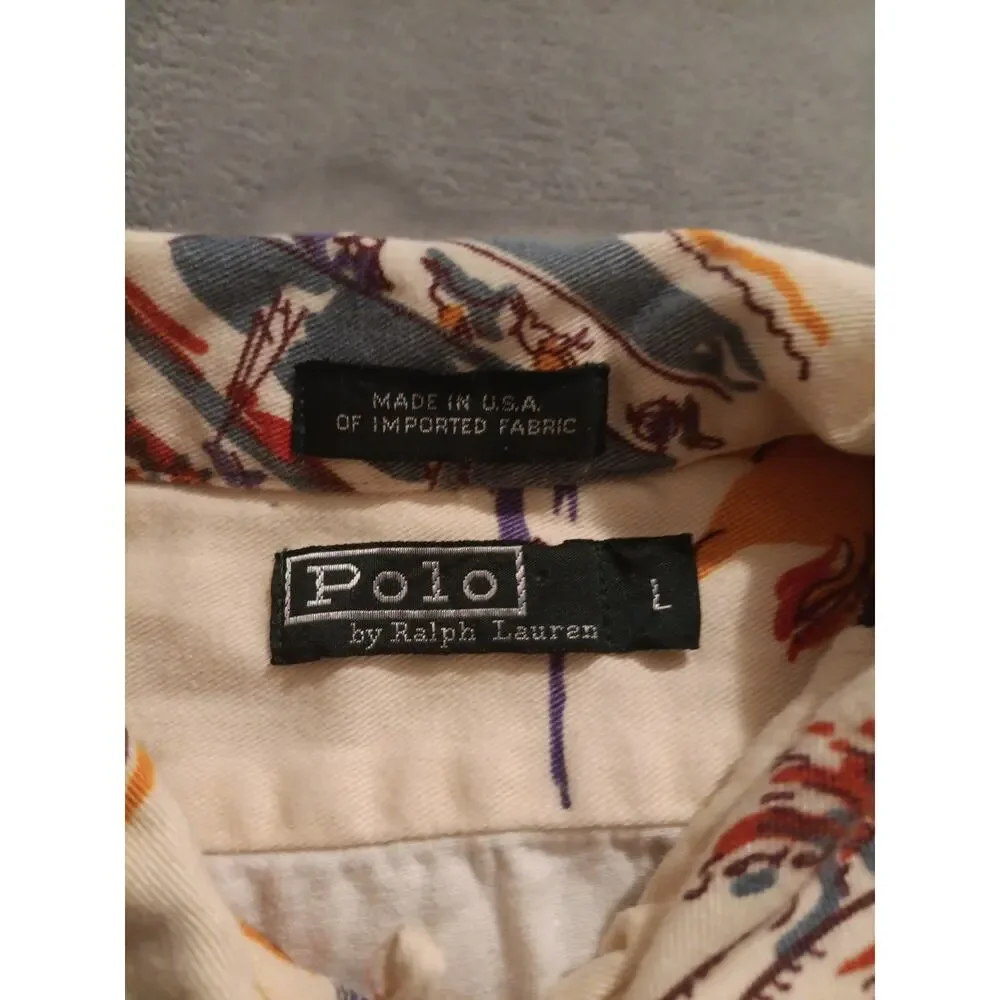 Vintage Polo Ralph Lauren Button Up Shirt Loop Collar Boys L Horse Racing